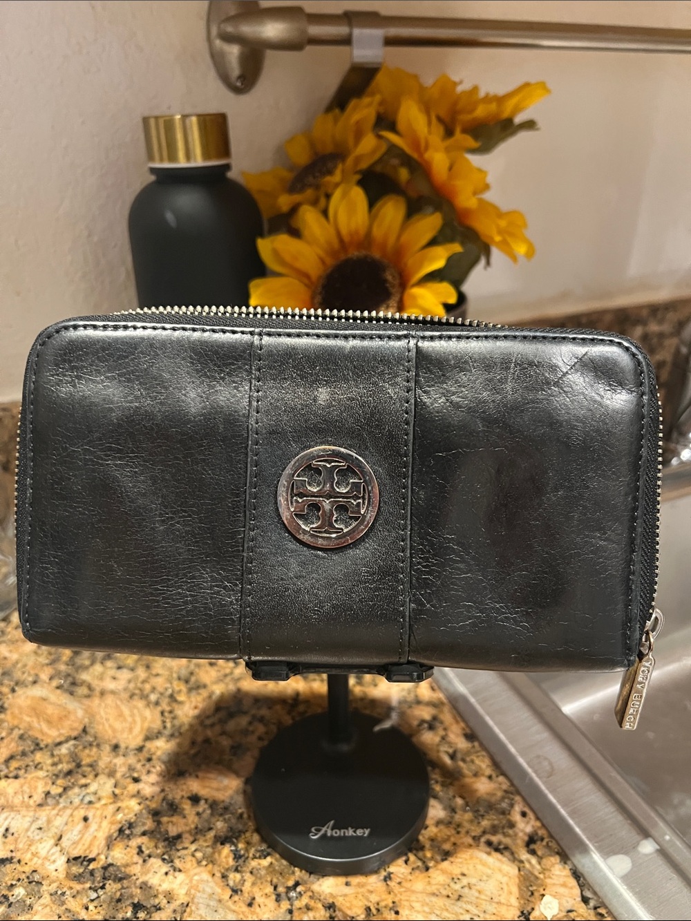 Tory Burch Black Leather Zip Wallet with Logo Medallion